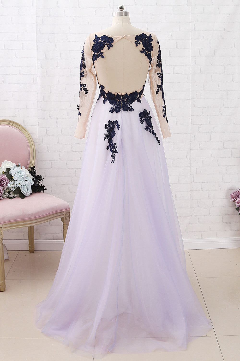 MACloth Lange Ärmel Spitze Tüll Dunkelmarine Maxi Ballkleid Formelle Abendgarderobe