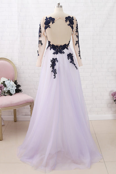 MACloth Long Sleeves Lace Tulle Dark Navy Maxi Prom Dress Formal Evening Gown
