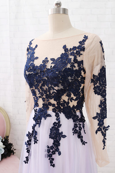 MACloth Long Sleeves Lace Tulle Dark Navy Maxi Prom Dress Formal Evening Gown