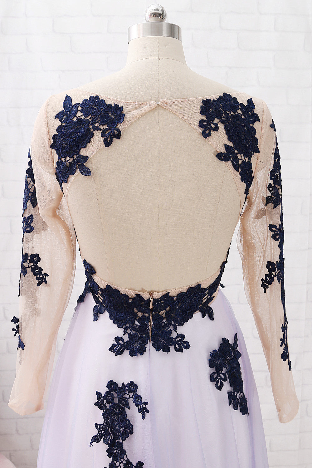 MACloth Lange Ärmel Spitze Tüll Dunkelmarine Maxi Ballkleid Formelle Abendgarderobe