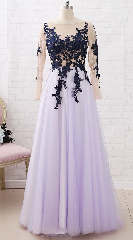 MACloth Long Sleeves Lace Tulle Dark Navy Maxi Prom Dress Formal Evening Gown