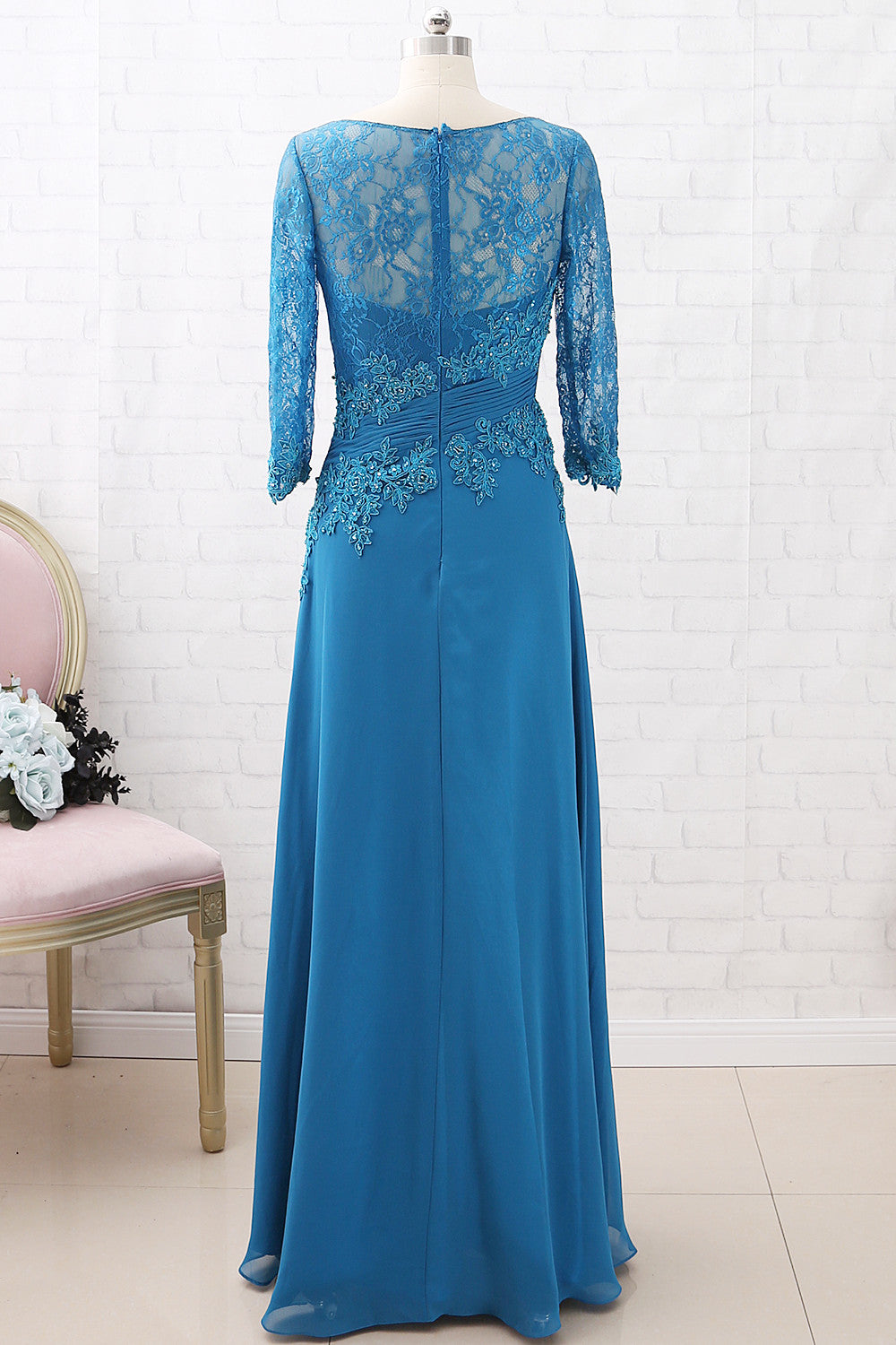 MACloth 3/4 Sleeves Lace Chiffon Teal Evening Gown Maxi Mother of the Brides Dress Teal / Above Knee / US4 MACloth 3/4 Sleeves Lace Chiffon Teal Evening Gown Maxi Mother of the Brides Dress Teal / Above Knee / US4