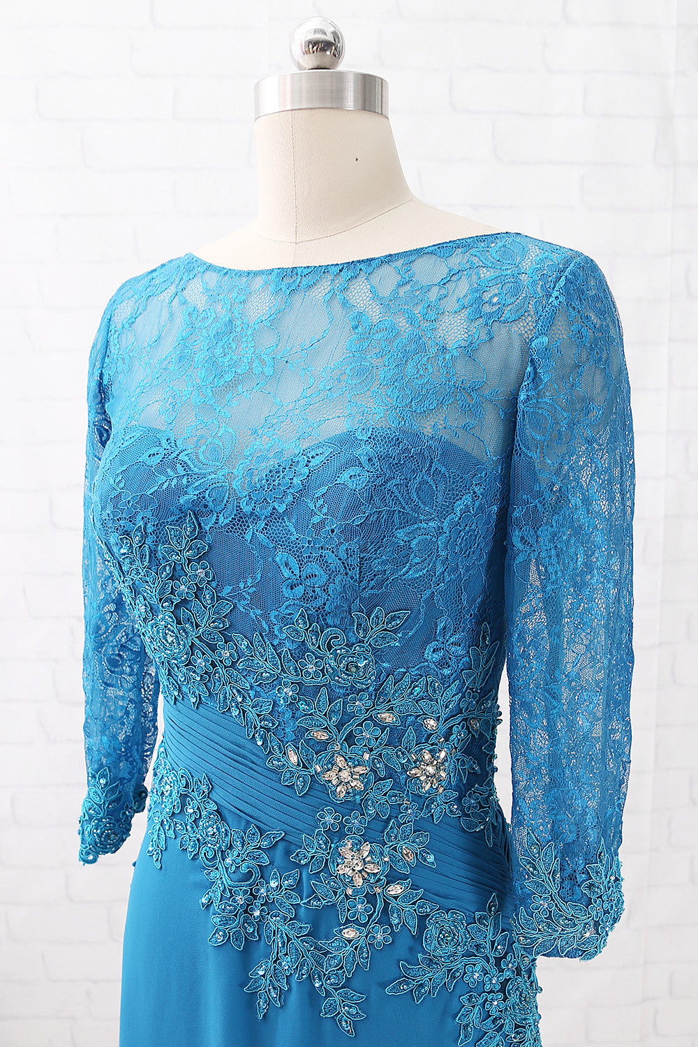 MACloth 3/4-Ärmel Spitzen-Chiffon Blaugrün Abendkleid Maxikleid für die Brautmutter