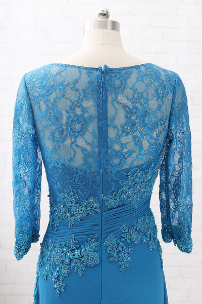 MACloth 3/4 Sleeves Lace Chiffon Teal Evening Gown Maxi Mother of the Brides Dress