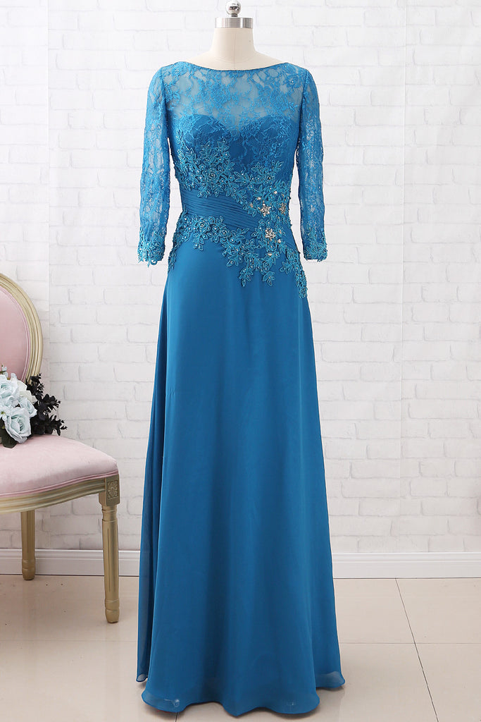MACloth 3/4 Sleeves Lace Chiffon Teal Evening Gown Maxi Mother of the Brides Dress