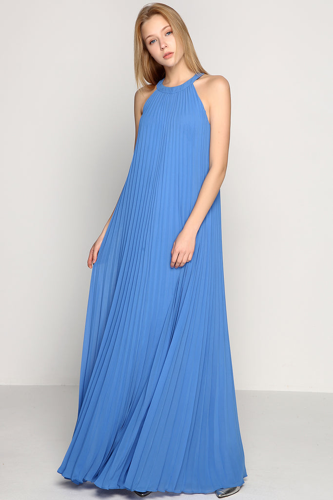 MACloth Halter O Neck Chiffon Long Prom Dress Blue Formal Evening Gown
