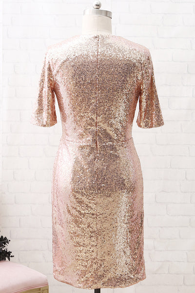 MACloth Short Sleeves V Neck Sequin Short Formal Party Dress Rose Gold Cocktail Dress