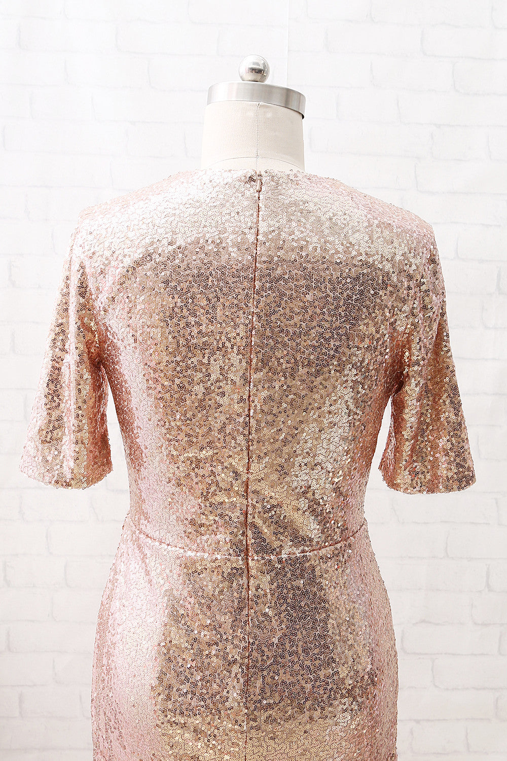 Macloth Short Sleeves V Neck Sequin Short Formal Party Dress Rose Gold Cocktail Dress US24W / Custom Color