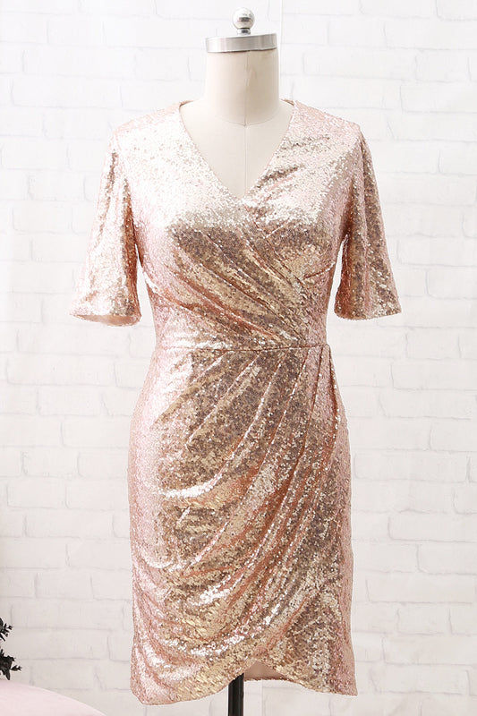 MACloth Short Sleeves V Neck Sequin Short Formal Party Dress Rose Gold Cocktail Dress