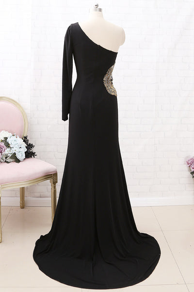 MACloth One Shoulder with Beaded Jersey Maxi Prom Dress Black Formal Evening Gown