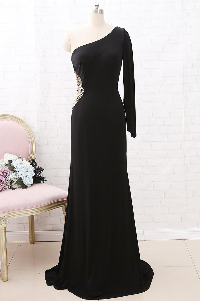 MACloth One Shoulder with Beaded Jersey Maxi Prom Dress Black Formal Evening Gown