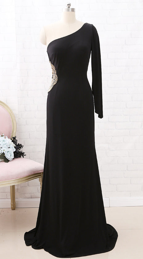 MACloth One Shoulder with Beaded Jersey Maxi Prom Dress Black Formal Evening Gown