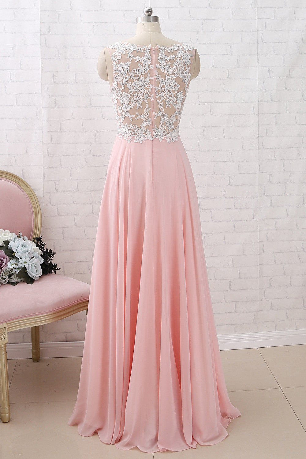 MACloth Träger O-Ausschnitt Spitze Chiffon Rosa Langes Ballkleid Einfaches formelles Abendkleid