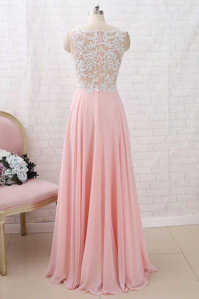 MACloth Straps O Neck Lace Chiffon Pink Long Prom Dress Simple Formal Evening Gown