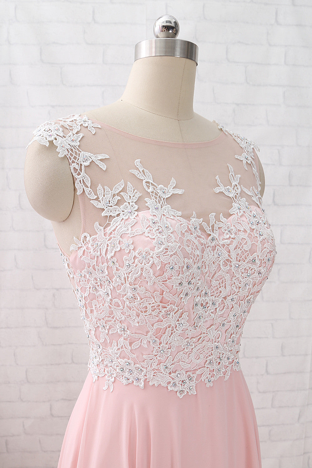 MACloth Träger O-Ausschnitt Spitze Chiffon Rosa Langes Ballkleid Einfaches formelles Abendkleid