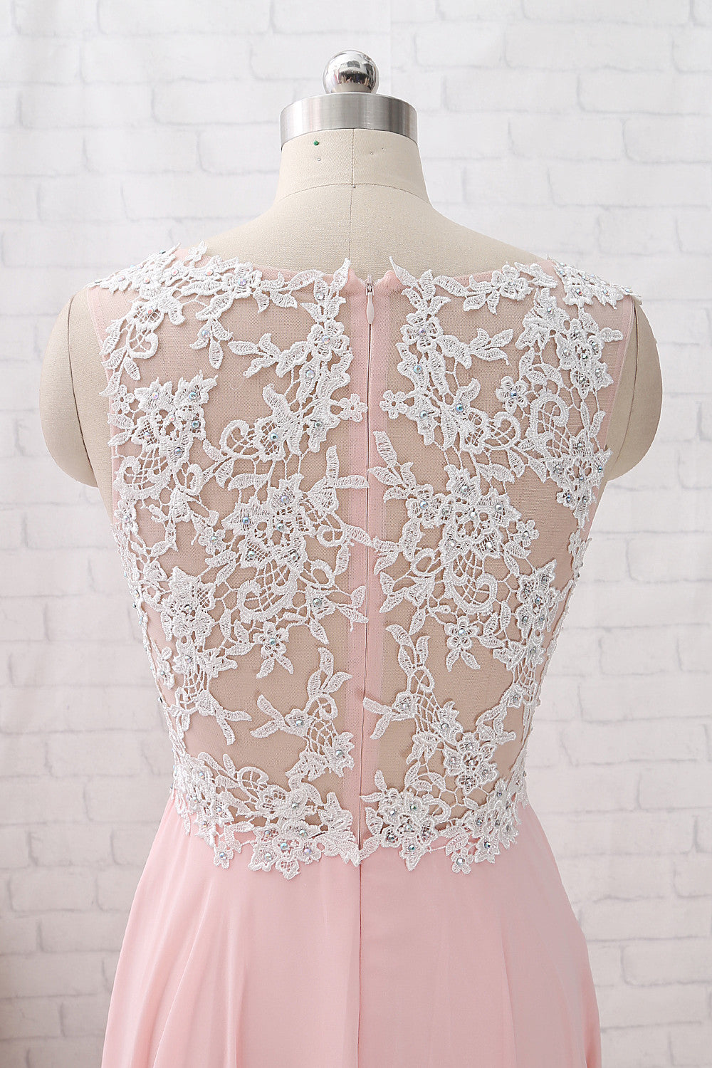 MACloth Träger O-Ausschnitt Spitze Chiffon Rosa Langes Ballkleid Einfaches formelles Abendkleid