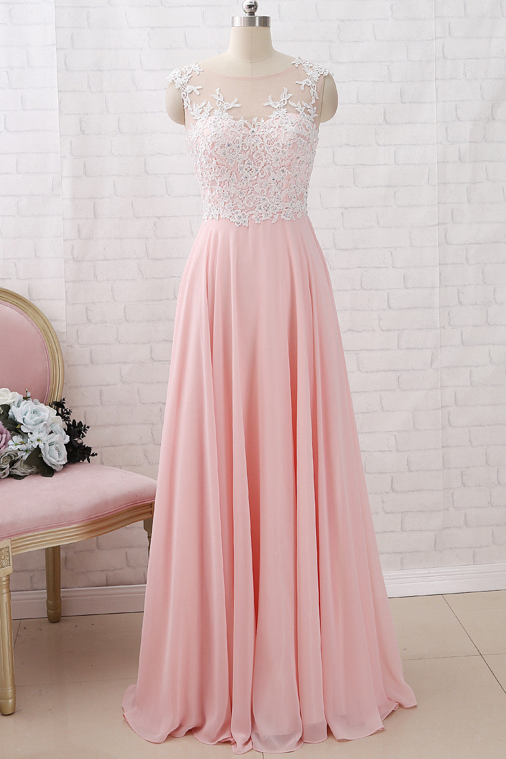 MACloth Träger O-Ausschnitt Spitze Chiffon Rosa Langes Ballkleid Einfaches formelles Abendkleid