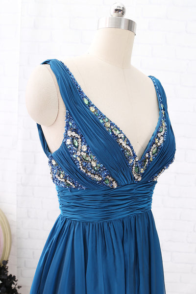MACloth Straps V Neck Teal Long Prom Dress Chiffon Formal Evening Gown