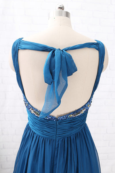 MACloth Straps V Neck Teal Long Prom Dress Chiffon Formal Evening Gown