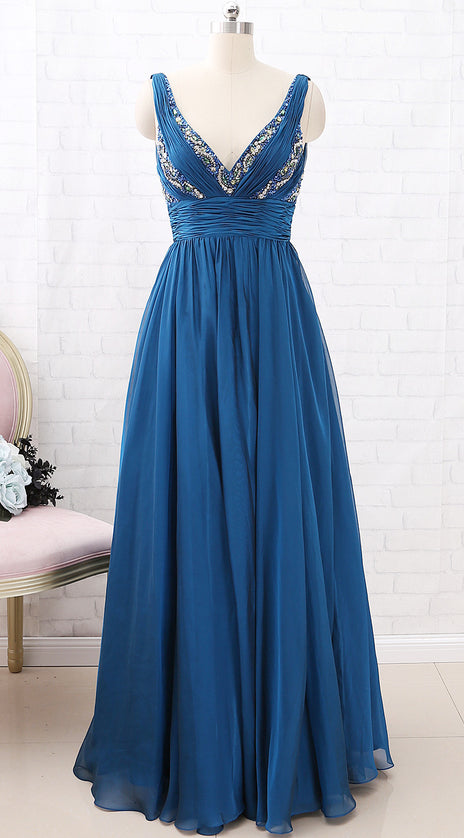 MACloth Straps V Neck Teal Long Prom Dress Chiffon Formal Evening Gown