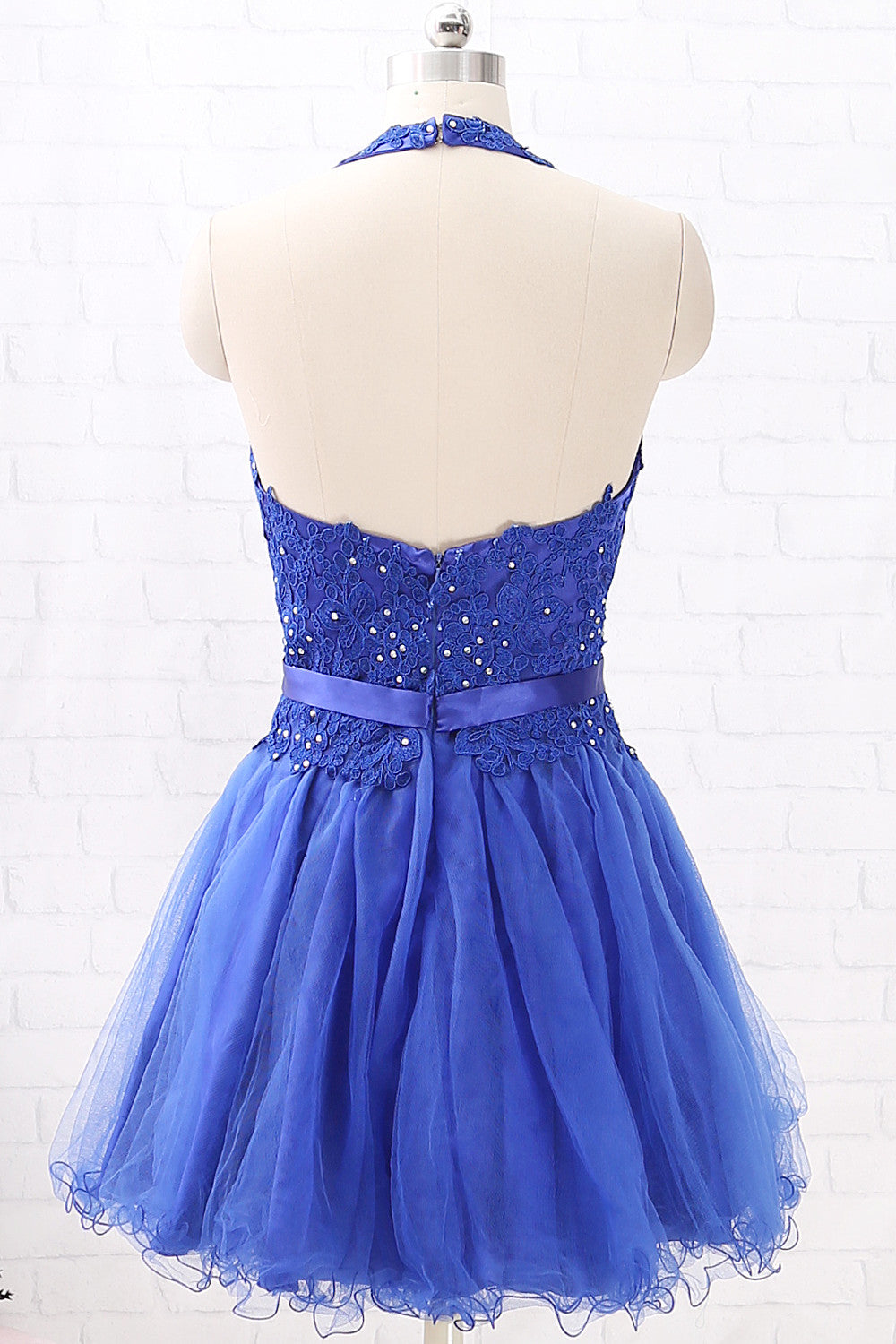 MACloth Halter V Neck Lace Tulle Mini Prom Homecoming Dress Royal Blue Wedding Party Dress Royal Blue / Above Knee / US12 MACloth Halter V Neck Lace Tulle Mini Prom Homecoming Dress Royal Blue Wedding Party Dress Royal Blue / Above Knee / US12
