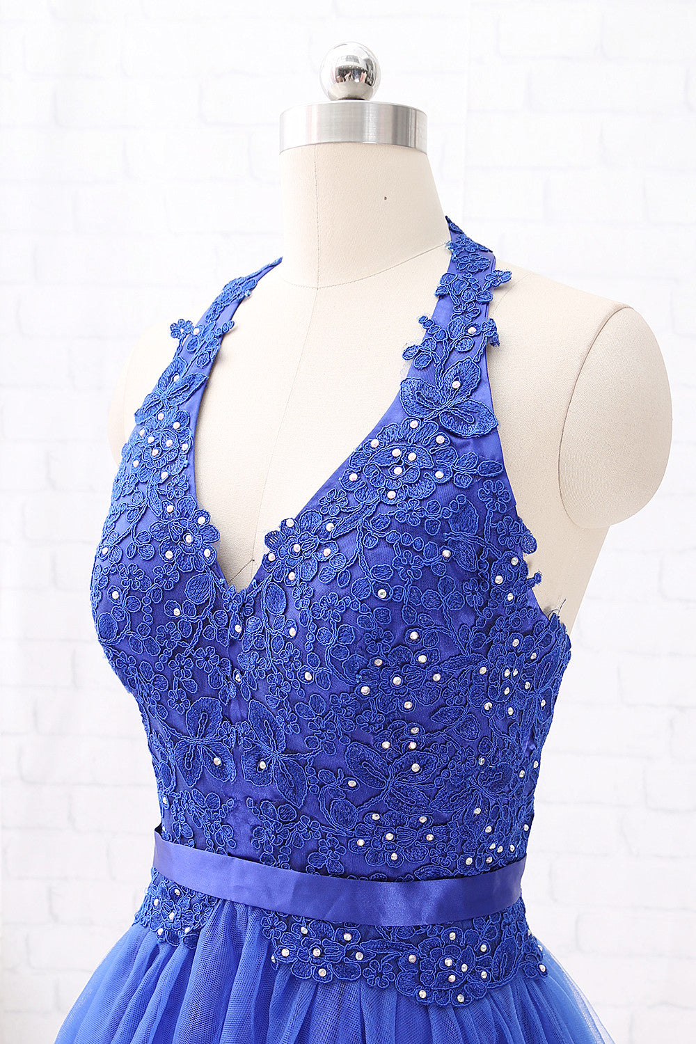 MACloth Halter V Neck Lace Tulle Mini Prom Homecoming Dress Royal Blue Wedding Party Dress