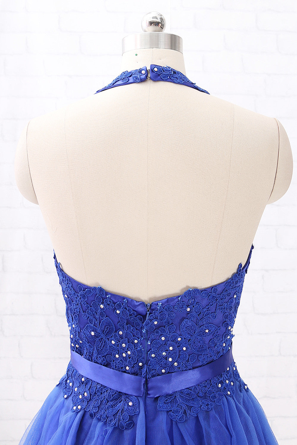 MACloth Halter V Neck Lace Tulle Mini Prom Homecoming Dress Royal Blue Wedding Party Dress