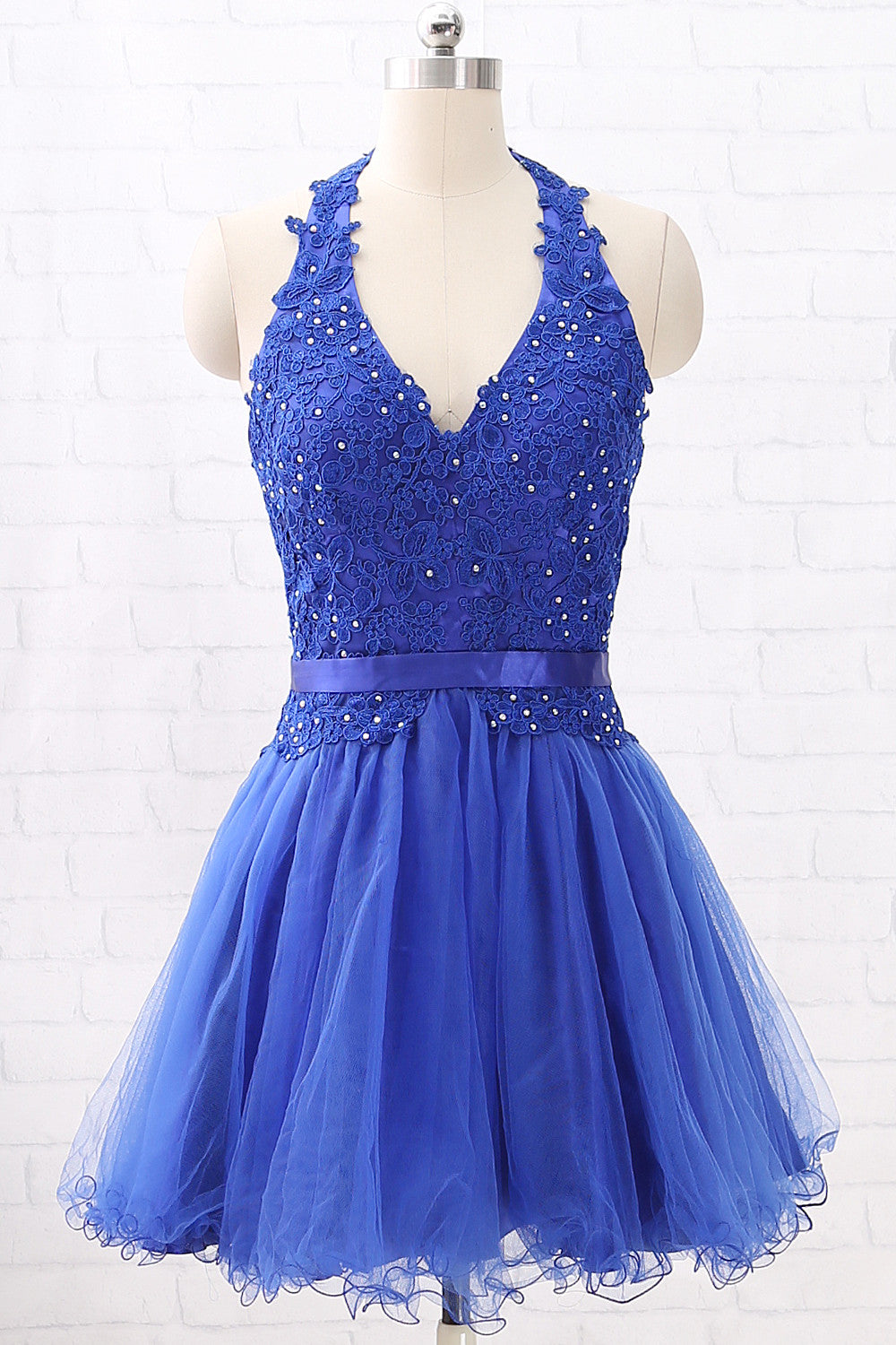 MACloth Halter V Neck Lace Tulle Mini Prom Homecoming Dress Royal Blue Wedding Party Dress