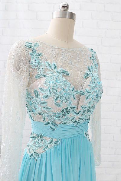 MACloth Long Sleeves Lace Chiffon Formal Evening Gown Ice Blue Mother of the Brides Dress