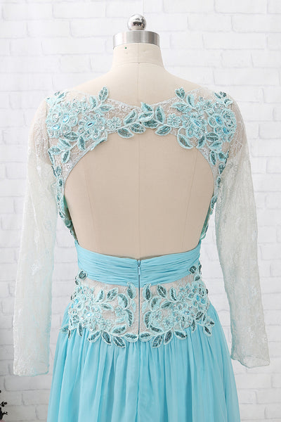 MACloth Long Sleeves Lace Chiffon Formal Evening Gown Ice Blue Mother of the Brides Dress