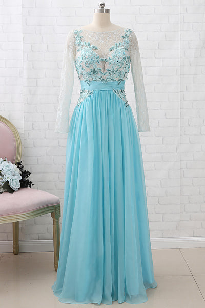 MACloth Long Sleeves Lace Chiffon Formal Evening Gown Ice Blue Mother of the Brides Dress