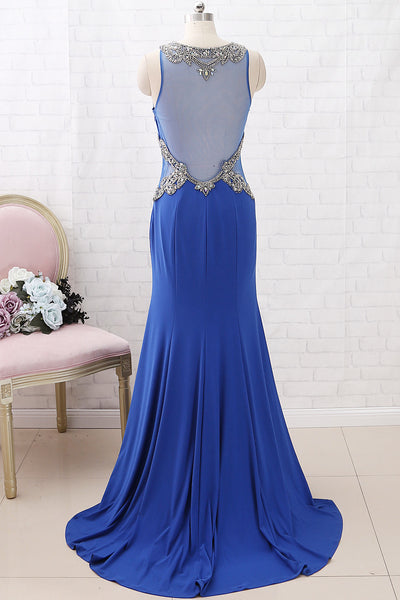 MACloth Mermaid with Beaded Jersey Maxi Formal Evening Gown Royal Blue Prom Dress