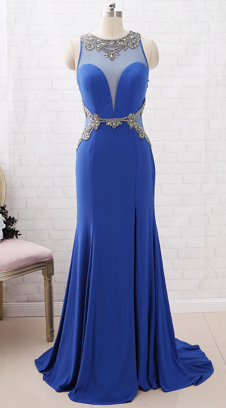 MACloth Mermaid with Beaded Jersey Maxi Formal Evening Gown Royal Blue Prom Dress