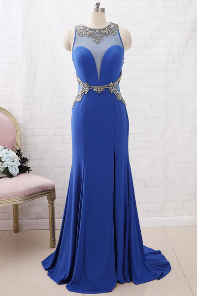 MACloth Mermaid with Beaded Jersey Maxi Formal Evening Gown Royal Blue Prom Dress