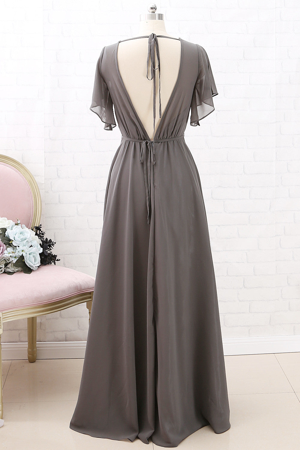 princess polly baby blue dress Macloth Short Sleeves Chiffon Long Bridesmaid Dress Grey Wedding Party Formal Dress US26W / Grey