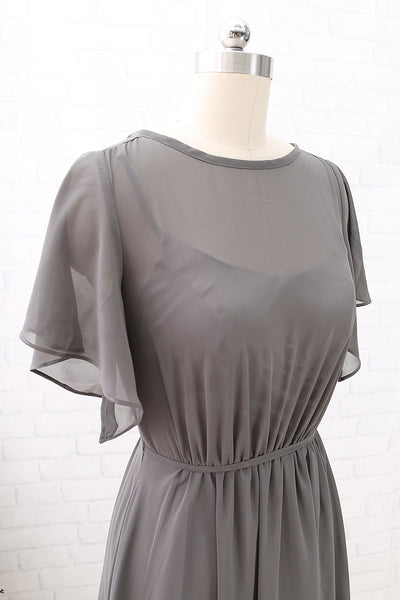 MACloth Short Sleeves Chiffon Long Bridesmaid Dress Grey Wedding Party Formal Dress
