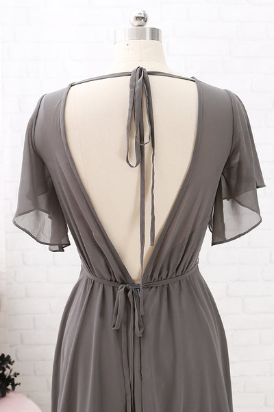 MACloth Short Sleeves Chiffon Long Bridesmaid Dress Grey Wedding Party Formal Dress