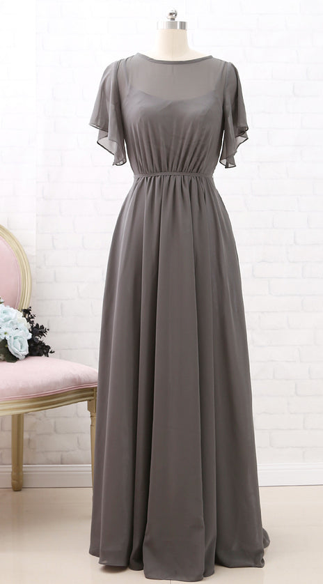 MACloth Short Sleeves Chiffon Long Bridesmaid Dress Grey Wedding Party Formal Dress