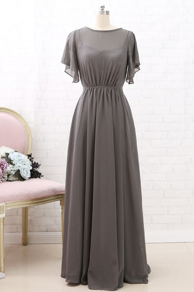 MACloth Short Sleeves Chiffon Long Bridesmaid Dress Grey Wedding Party Formal Dress
