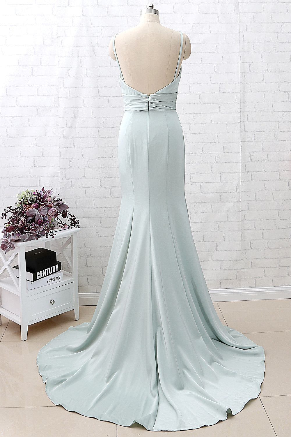 MACloth Mermaid Straps V Neck Crepe Pastel Green Formal Evening Gown Bridesmaid Dress Pastel Green / Tea Length / US8