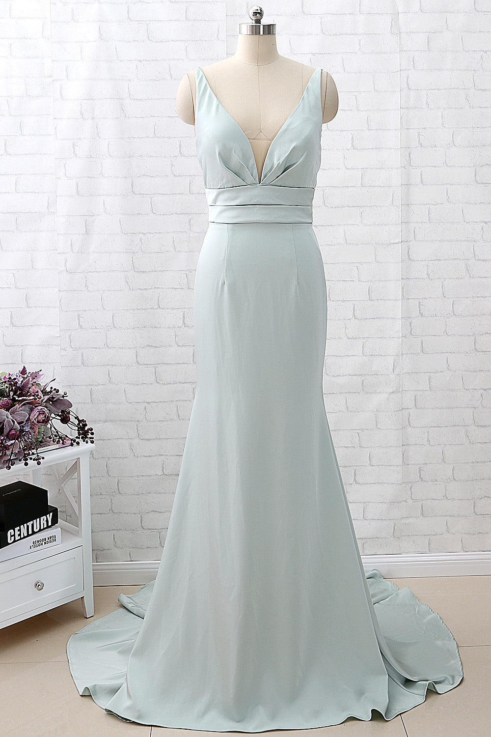 Vestido de dama de honor formal de noche verde pastel con tirantes de sirena y escote en V de MACloth