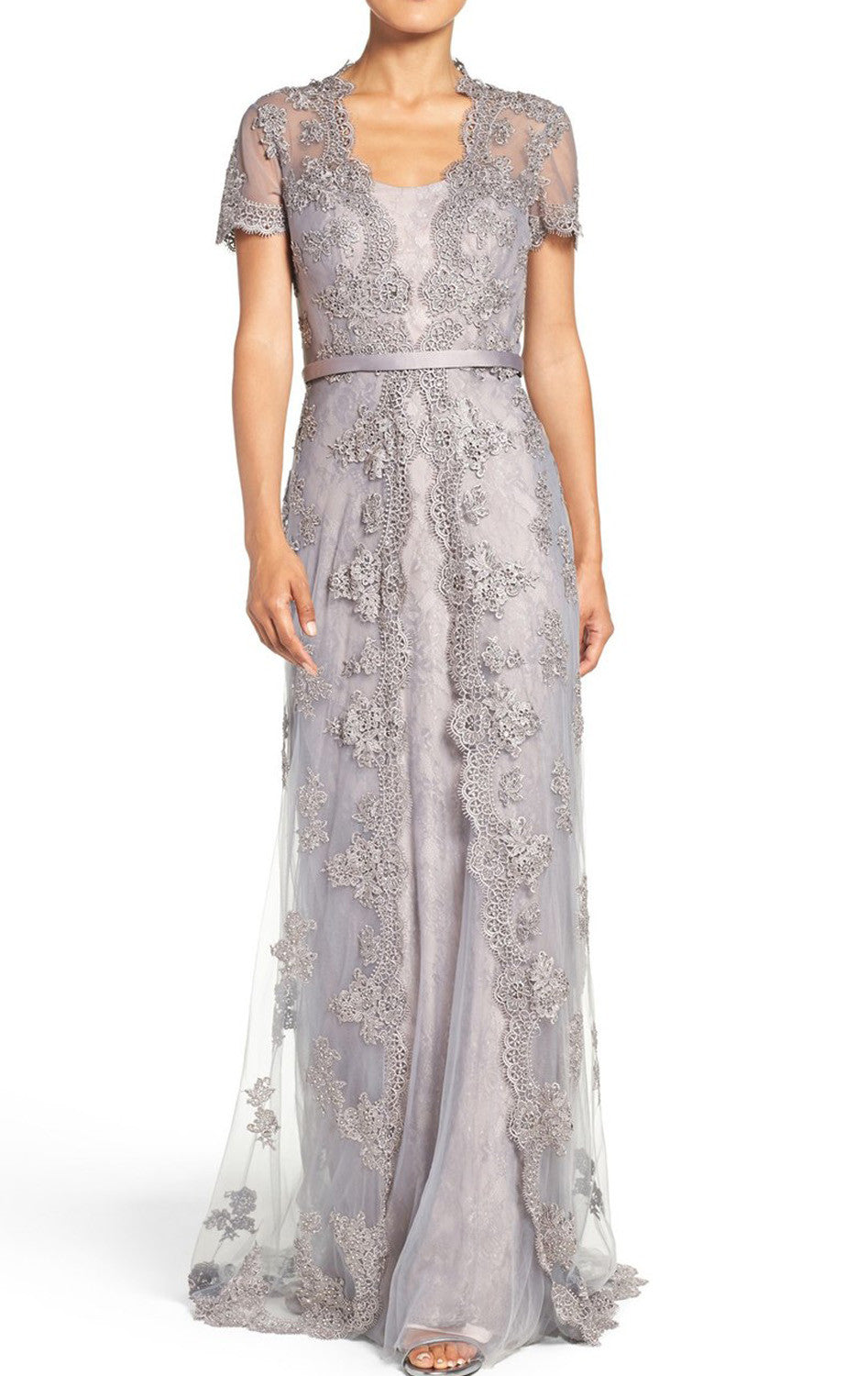 MACloth Langes Abendkleid mit Flügelärmeln und Spitze, Silber, Kleid für die Brautmutter