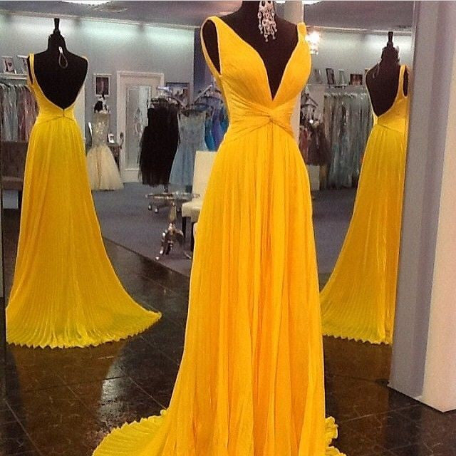 MACloth Straps V Neck A Line Chiffon Yellow Prom Evening Gown Wedding Party Formal Dress