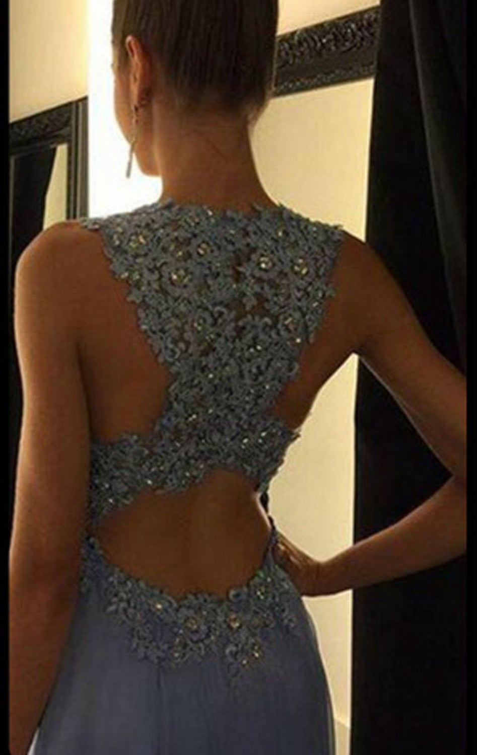MACloth Träger Stehkragen Spitze Chiffon Langes Ballkleid Himmelblau Formales Ballkleid