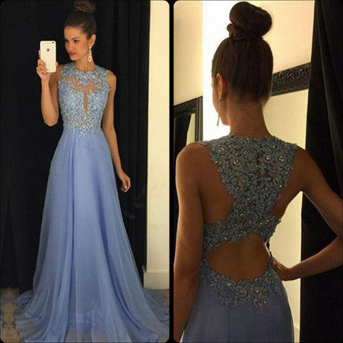 MACloth Straps High Neck Lace Chiffon Long Prom Dress Sky Blue Formal Ball Gown