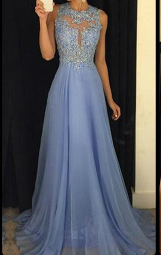 MACloth Straps High Neck Lace Chiffon Long Prom Dress Sky Blue Formal Ball Gown