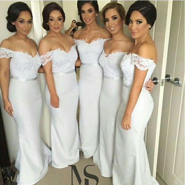 MACloth Mermaid Off the Shoulder Lace Jersey White Prom Dress Evening Gown Wedding party Bridesmaid Dresses