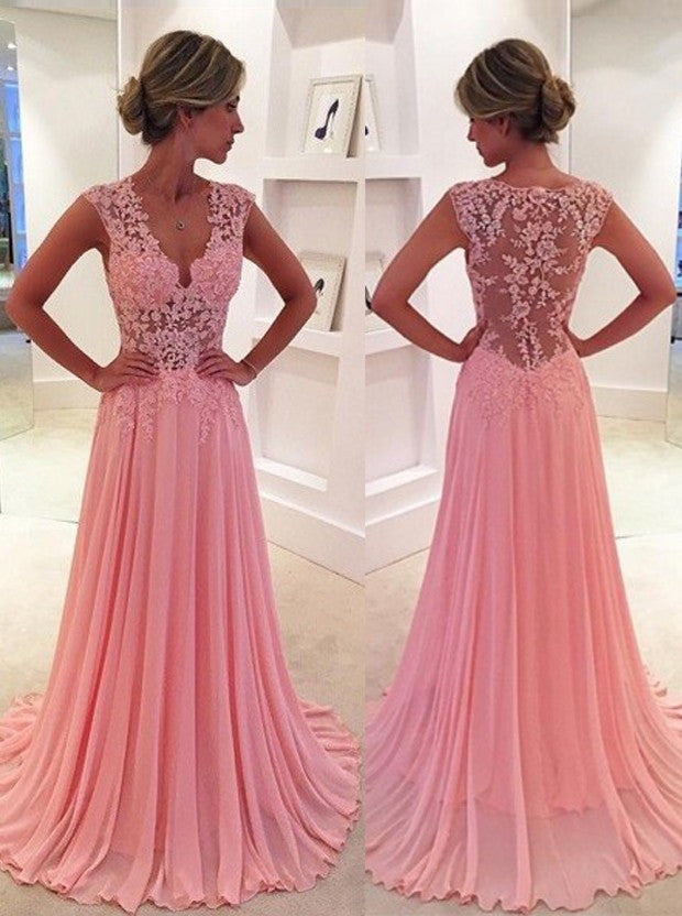 MACloth Straps V Neck A Line Lace Chiffon Pink Prom Dress Long Evening Gown Wedding Party Formal Dresses