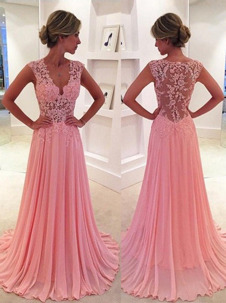 MACloth Straps V Neck A Line Lace Chiffon Pink Prom Dress Long Evening Gown Wedding Party Formal Dresses