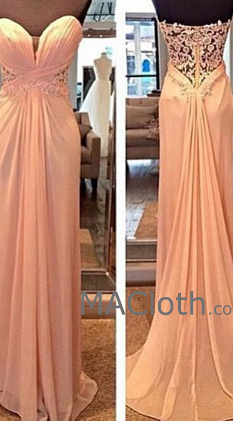 MACloth Strapless Sweetheart Long Chiffon Lace Evening Prom Formal Gown Wedding Party Dress